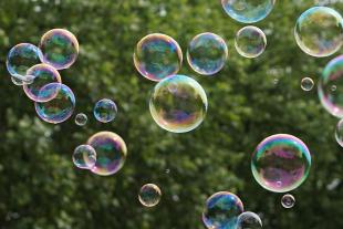 Bubbles floating in the air with trees in the background